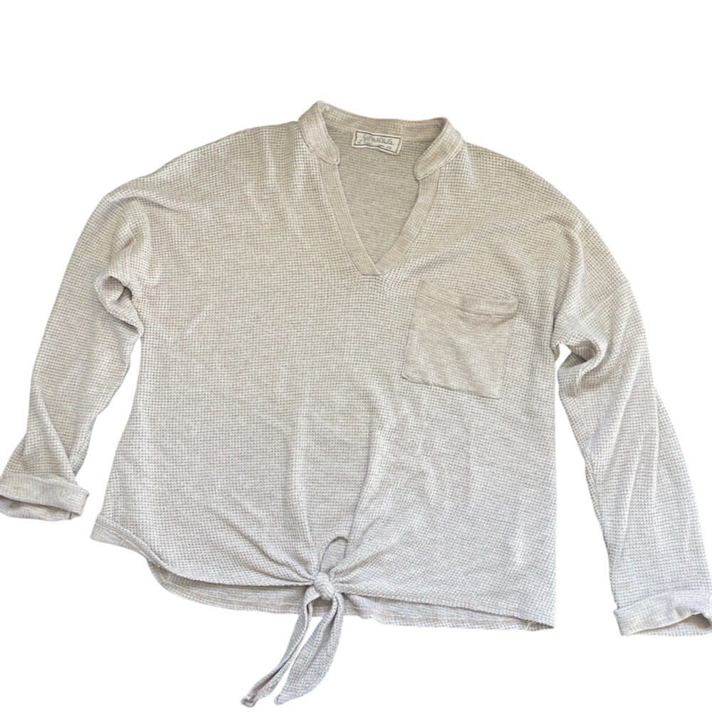 Sinuous Womens Oatmeal Beige Waffle Knit Front Tie V-Neck Pocket Top Medium USA